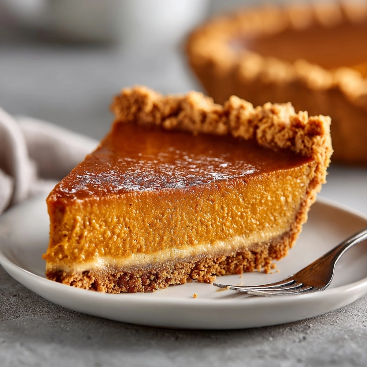 Warm, spiced classic pumpkin pie slice with buttery gingersnap crust, ready for topping.