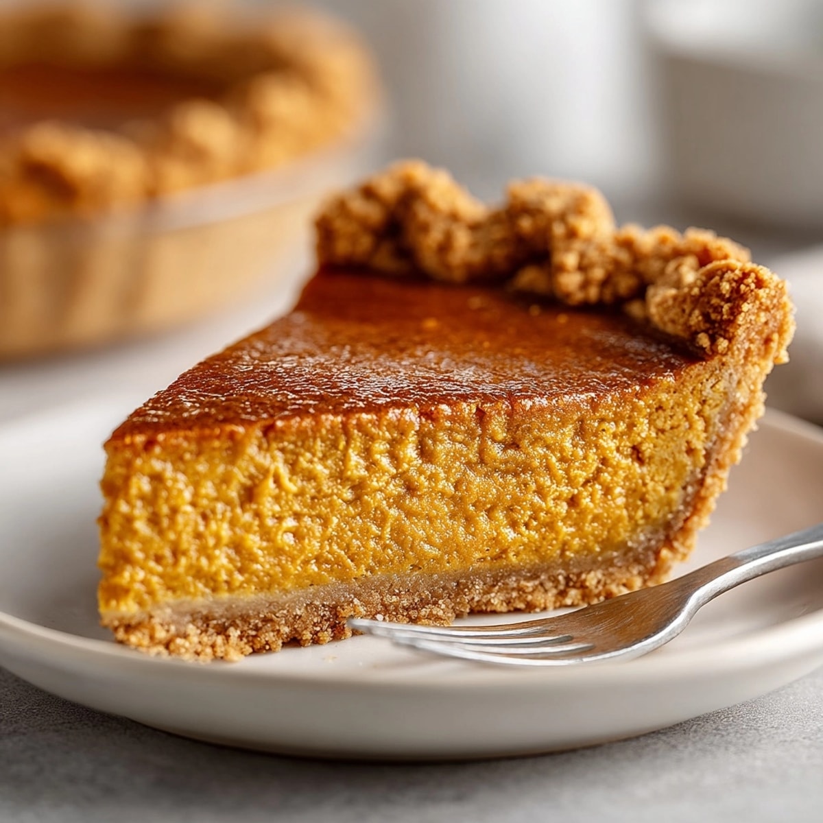 Homemade classic pumpkin pie, richly flavored, showing the flaky gingersnap cookie edge.