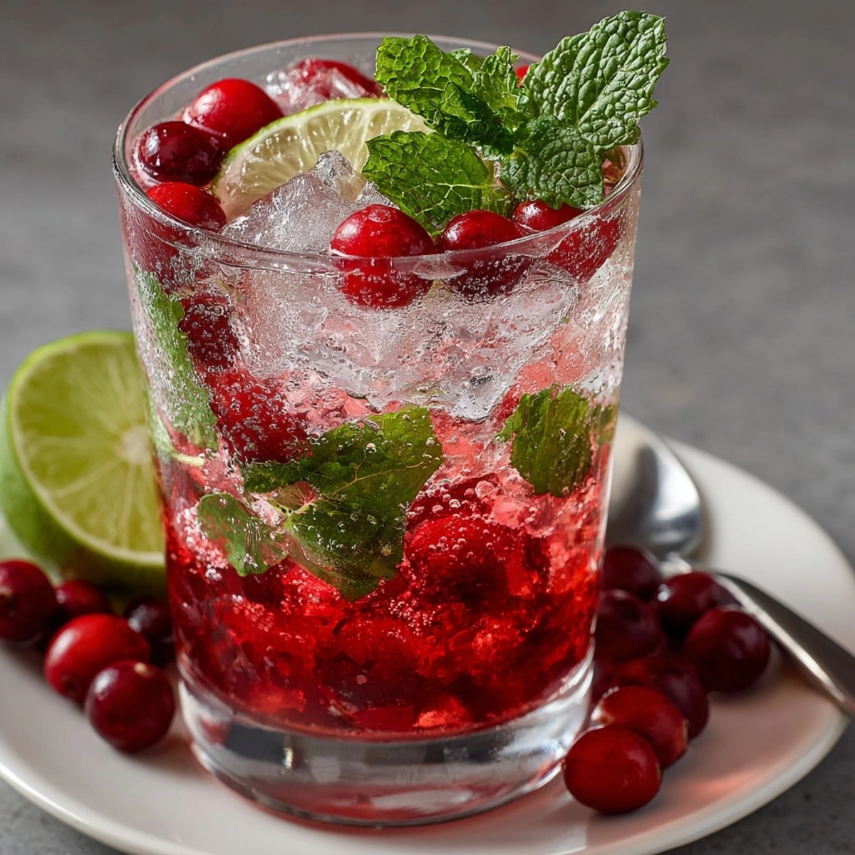 Festive Sparkling Cranberry Mojito Mocktail: Refreshing mint and lime with bubbly cranberry.