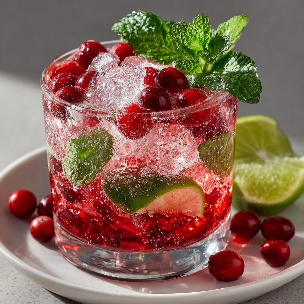 Bright pink Sparkling Cranberry Mojito Mocktail, garnished with lime and cranberries, ready to serve.