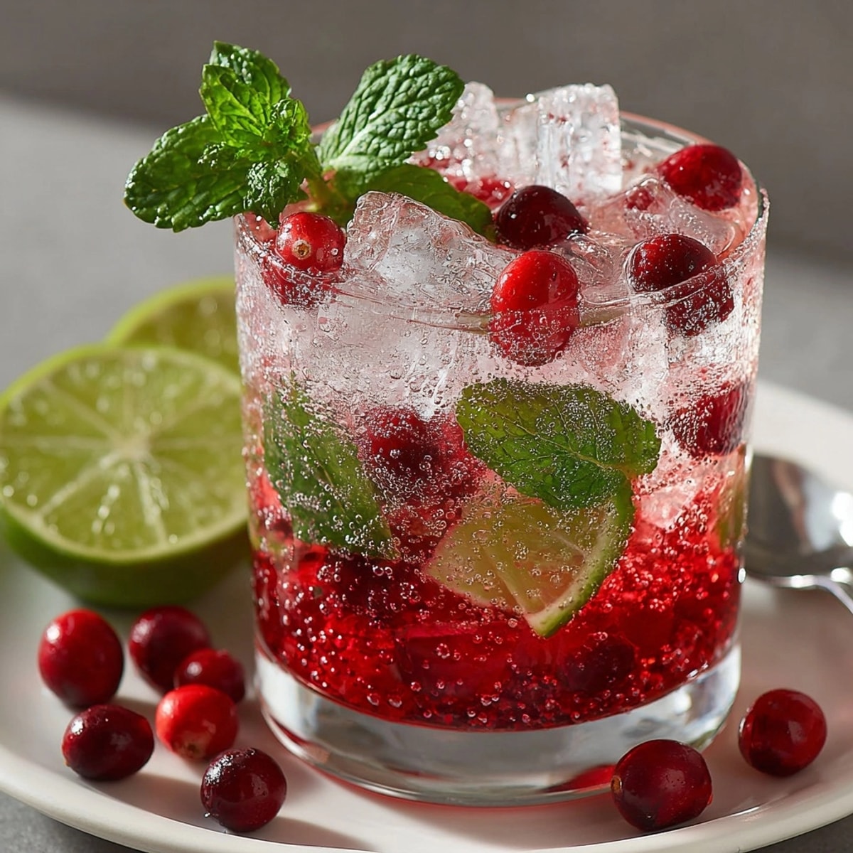 Making a Sparkling Cranberry Mojito Mocktail: Muddling fresh mint for a flavorful, alcohol-free drink.