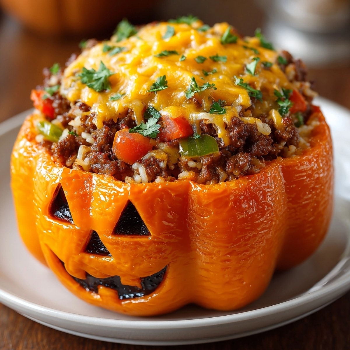 Close up image: Halloween Stuffed Pepper Jack-O’-Lanterns glowing with melted cheddar, fresh from the oven.