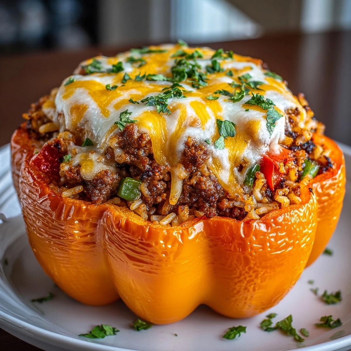 Gooey cheddar tops savory meat filled Halloween Stuffed Pepper Jack-O’-Lanterns ready for a festive meal.