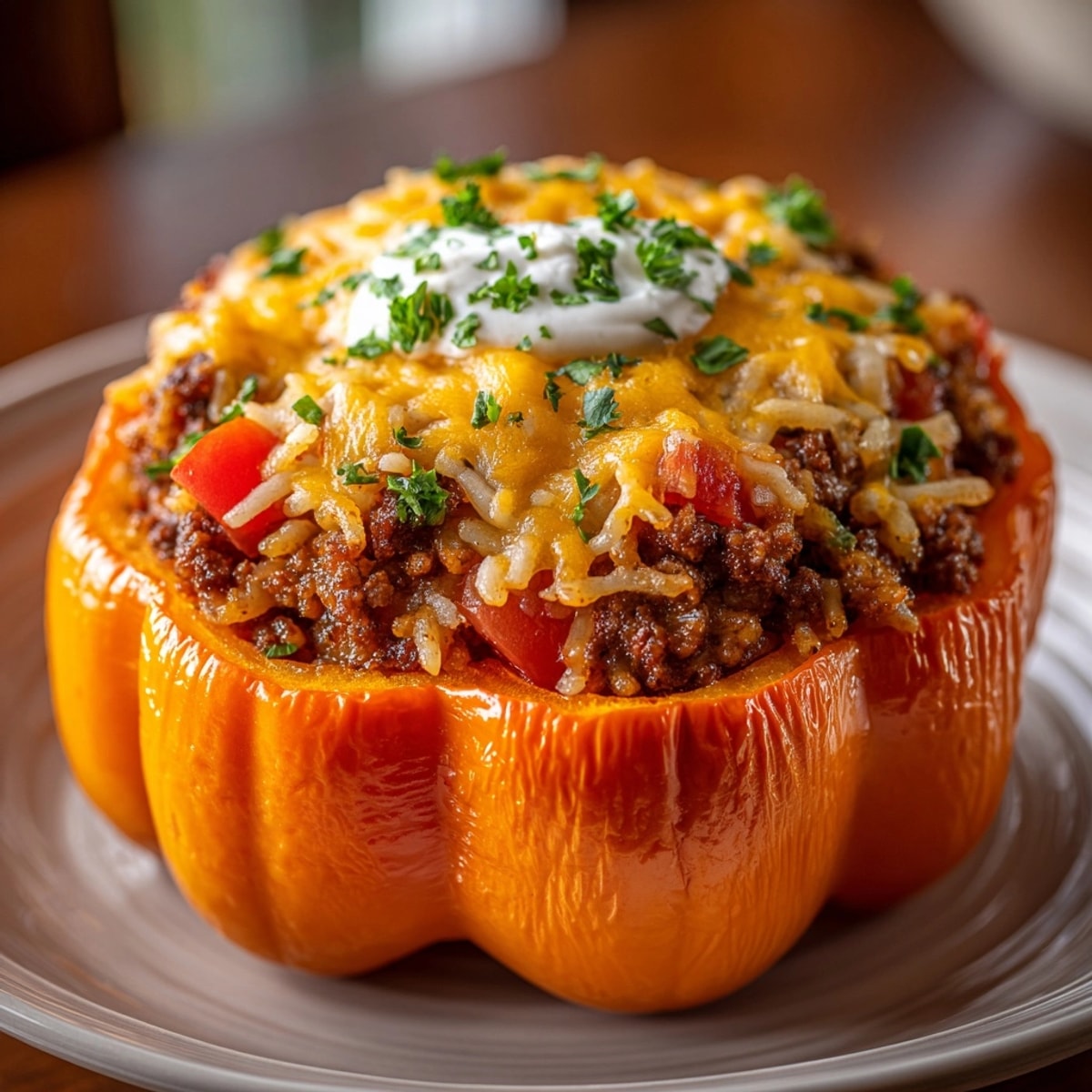 Bright orange Halloween Stuffed Pepper Jack-O’-Lanterns baking, a fun and healthy family friendly dinner recipe.