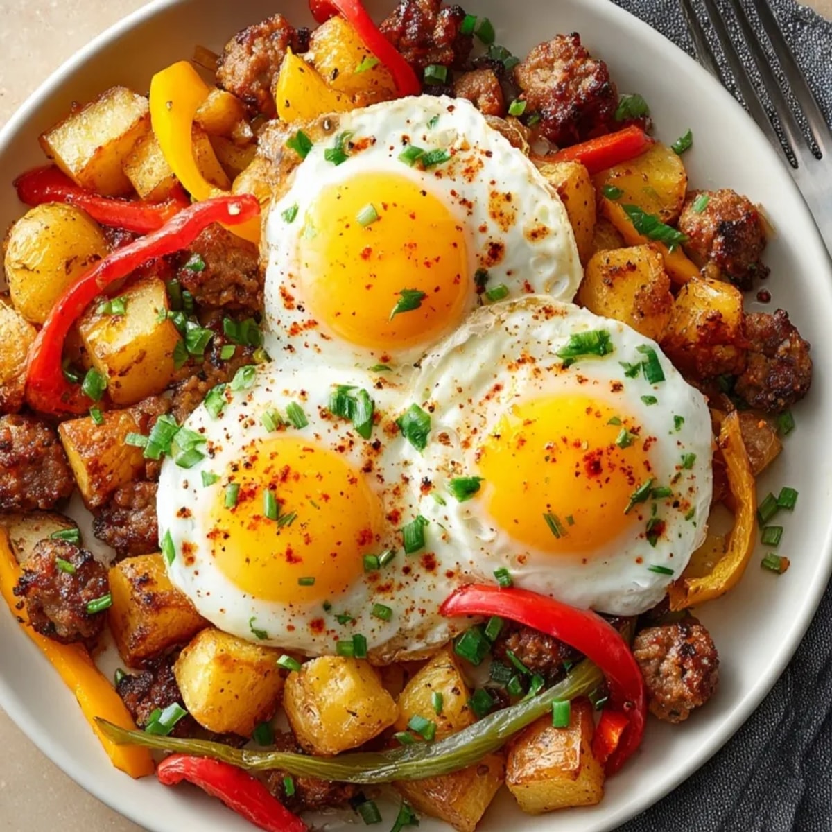 Close-up of a warm and savory Hearty Breakfast Skillet, ready to be devoured.
