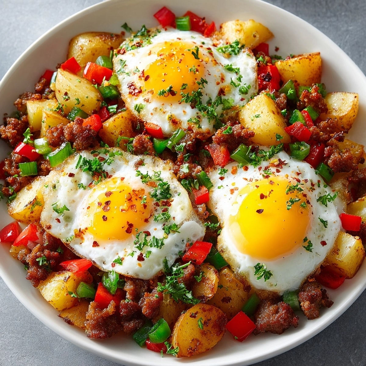 Sizzling, scrumptious Hearty Breakfast Skillet with visible crispy potato edges and soft egg yolks.