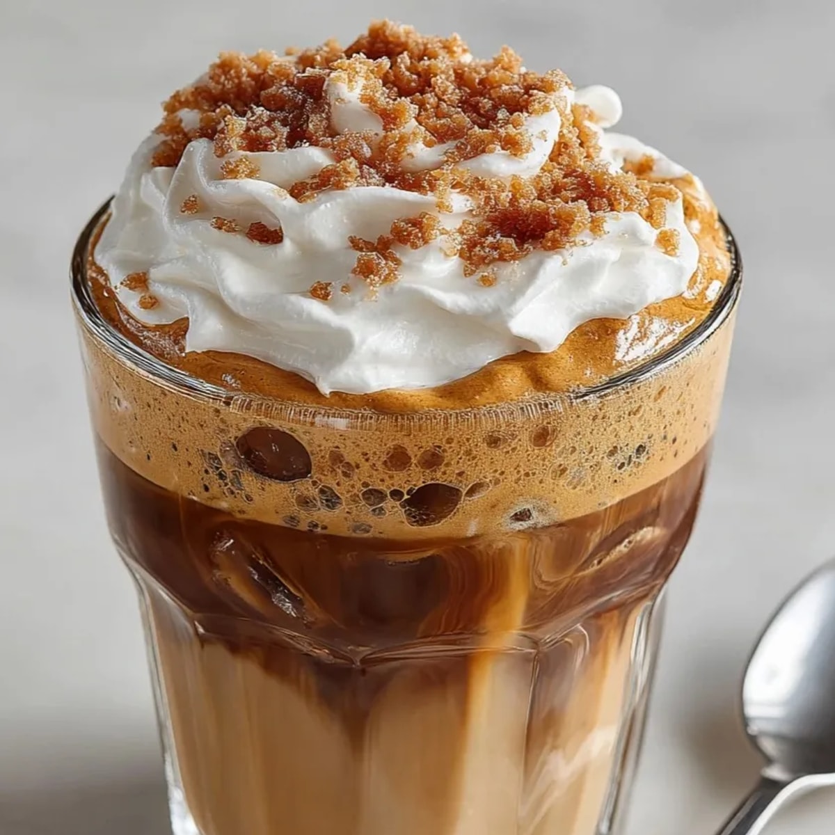 Creamy Dalgona Coffee topped over milk, a sweet and caffeinated treat you can make.