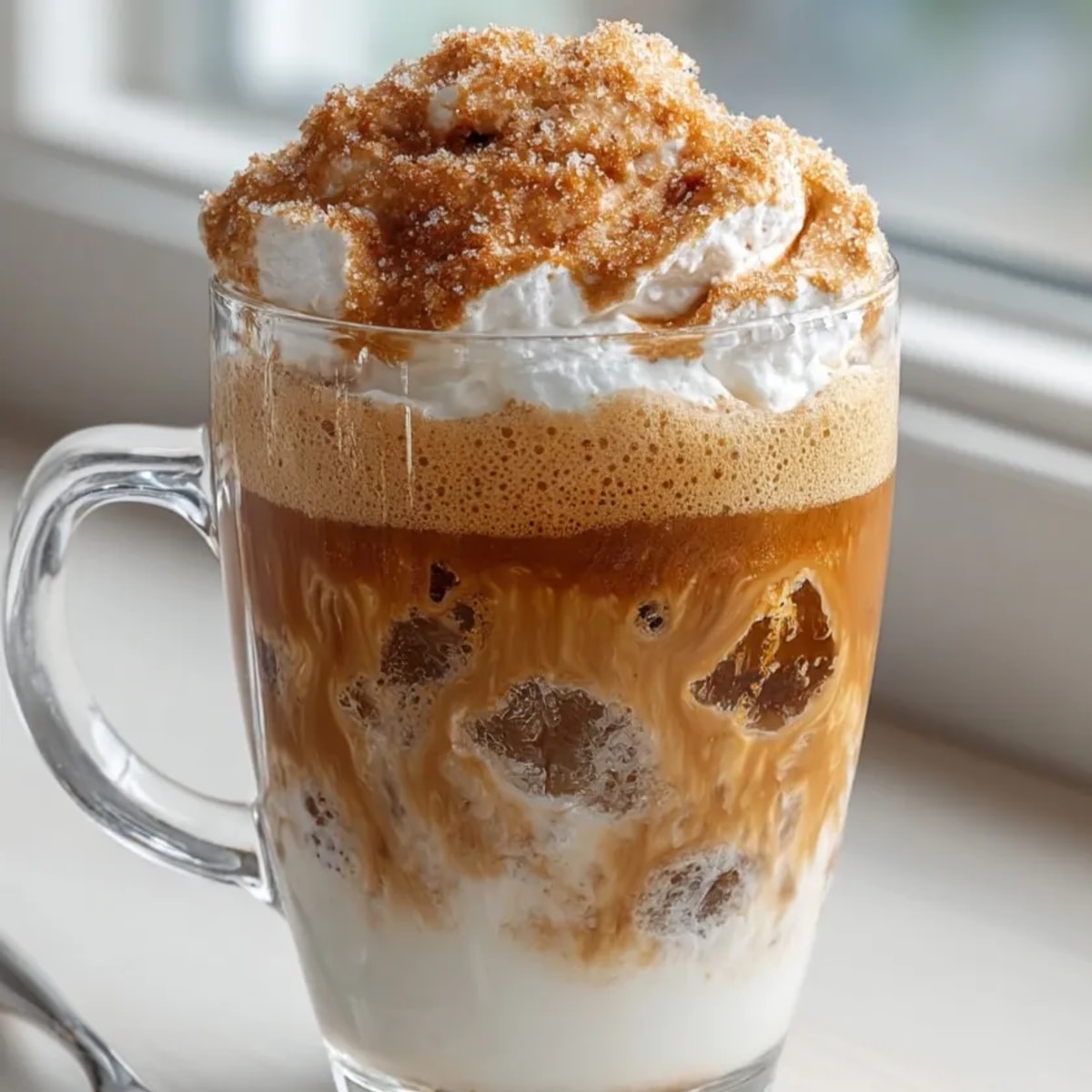 Golden whipped Dalgona Coffee foam floating elegantly on milk, ready to be stirred and enjoyed.