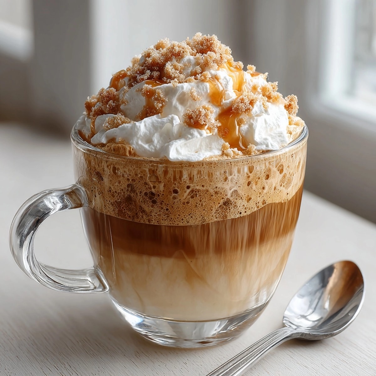 Making Dalgona Coffee at home: thick, fluffy whipped coffee topping a cool glass of milk.