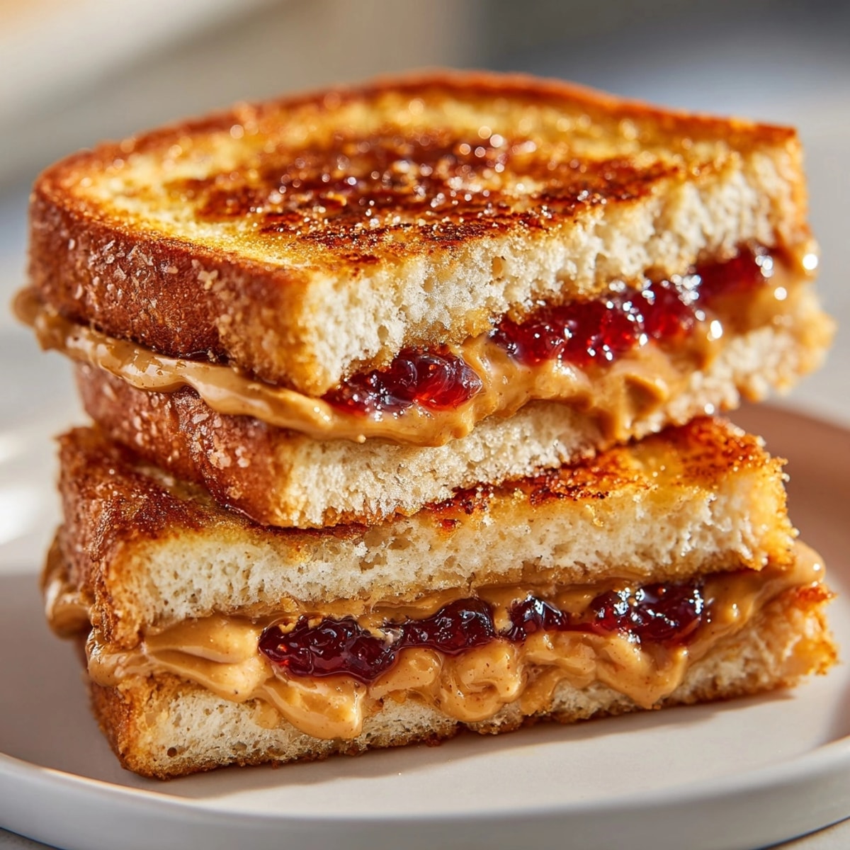 Perfectly air-fried PB&J sandwich, cut into triangles, ready for a satisfying lunch.