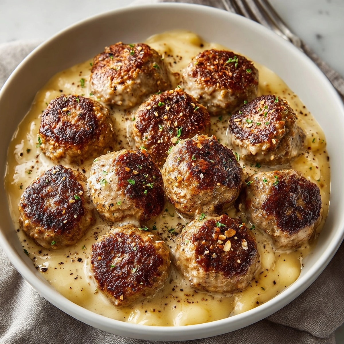 A close-up shows flavorful vegan Swedish meatballs coated in creamy gravy.