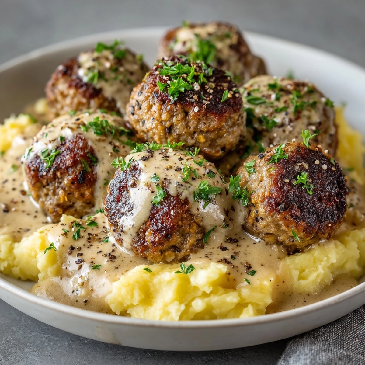 Savory Vegan Swedish Meatballs, browned and nestled in white gravy, ready to serve.