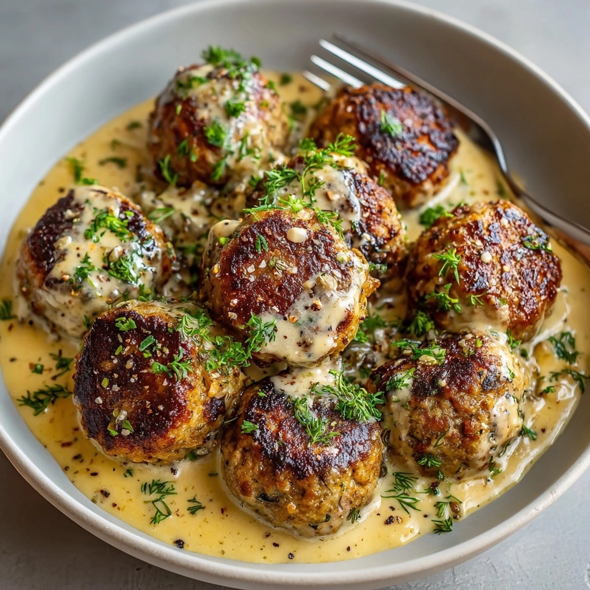 Golden-brown Vegan Swedish Meatballs simmered in a rich, thickened gravy on the stovetop.