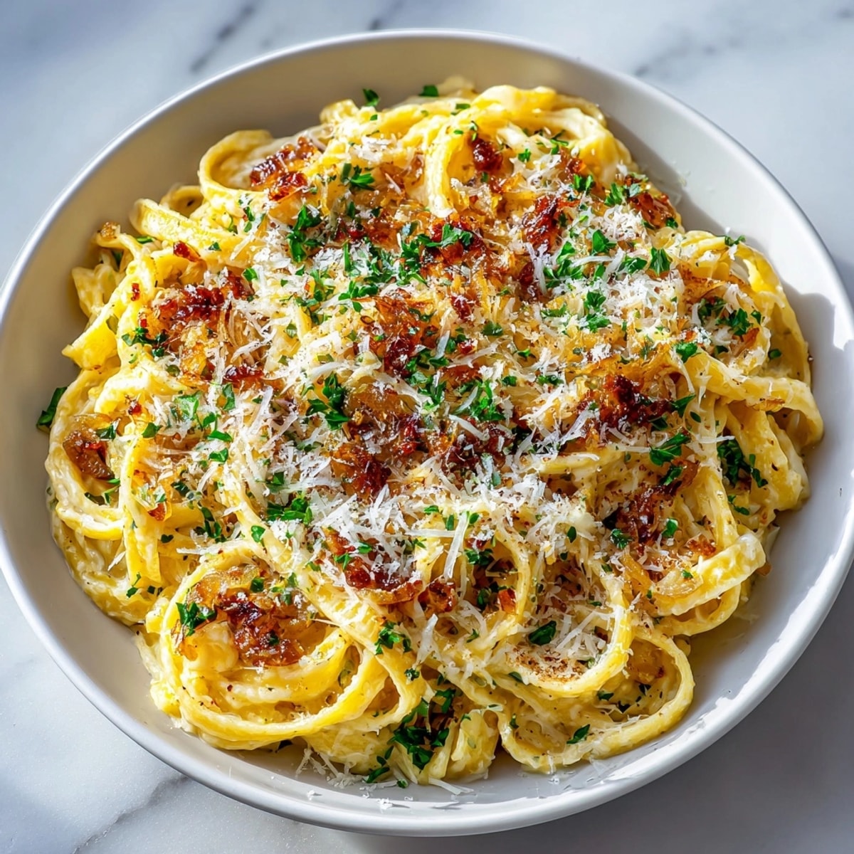 One-Pot French Onion Pasta recipe: Twirl fork through delicious, savory, cheesy pasta dish.