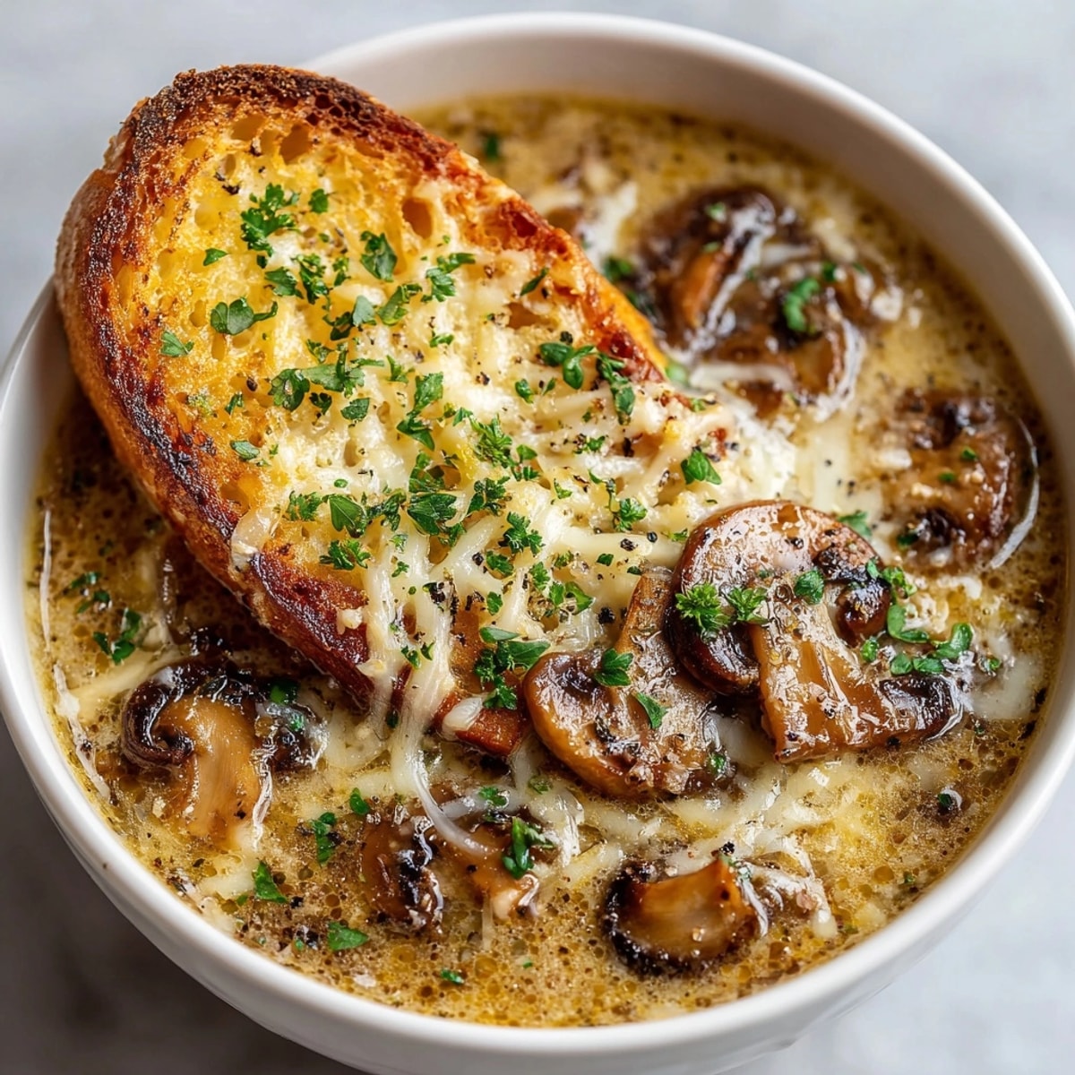Creamy French Onion Mushroom Soup: A bubbling, cheesy indulgence with thyme and parsley.