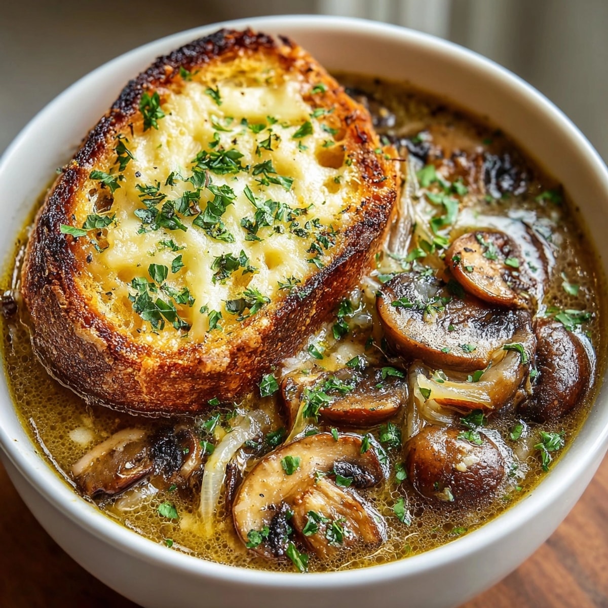Savoring Creamy French Onion Mushroom Soup: A rich, dark broth with golden, melted cheese.
