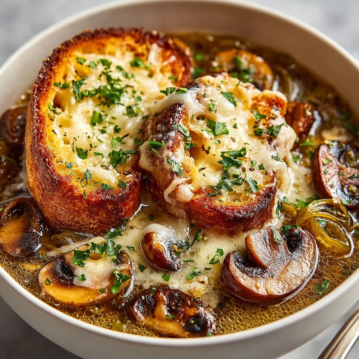 Homemade Creamy French Onion Mushroom Soup: Rich, savory flavors swirl in each spoonful.