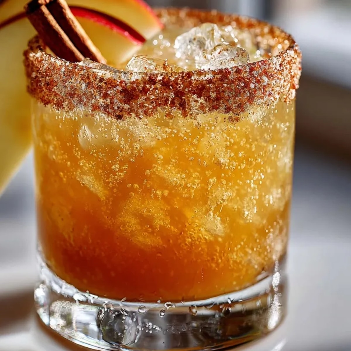 Icy Autumnal Apple Cider Margarita swirling in the shaker, sugary cinnamon rim, ready to pour.
