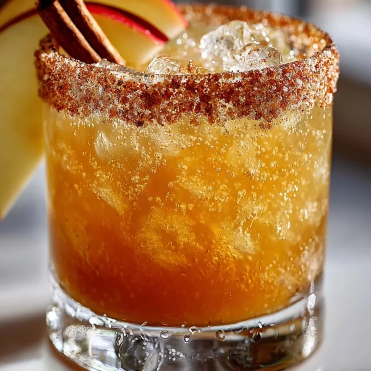 Cinnamon-sugar rimmed glass sits beside a frosty Autumnal Apple Cider Margarita cocktail, garnished.
