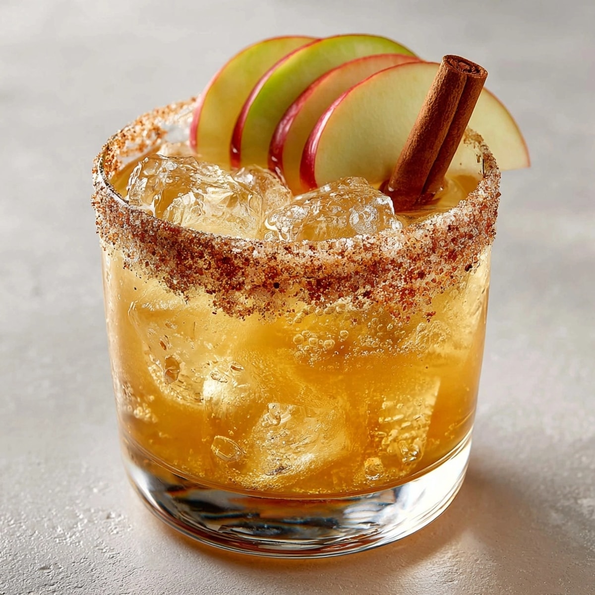 Refreshing and flavorful Autumnal Apple Cider Margarita with sliced apples and cinnamon stick garnish.