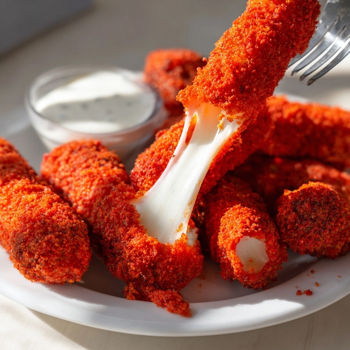 Close-up of crispy, fiery red Hot Cheetos Mozzarella Sticks showing gooey cheese pull.