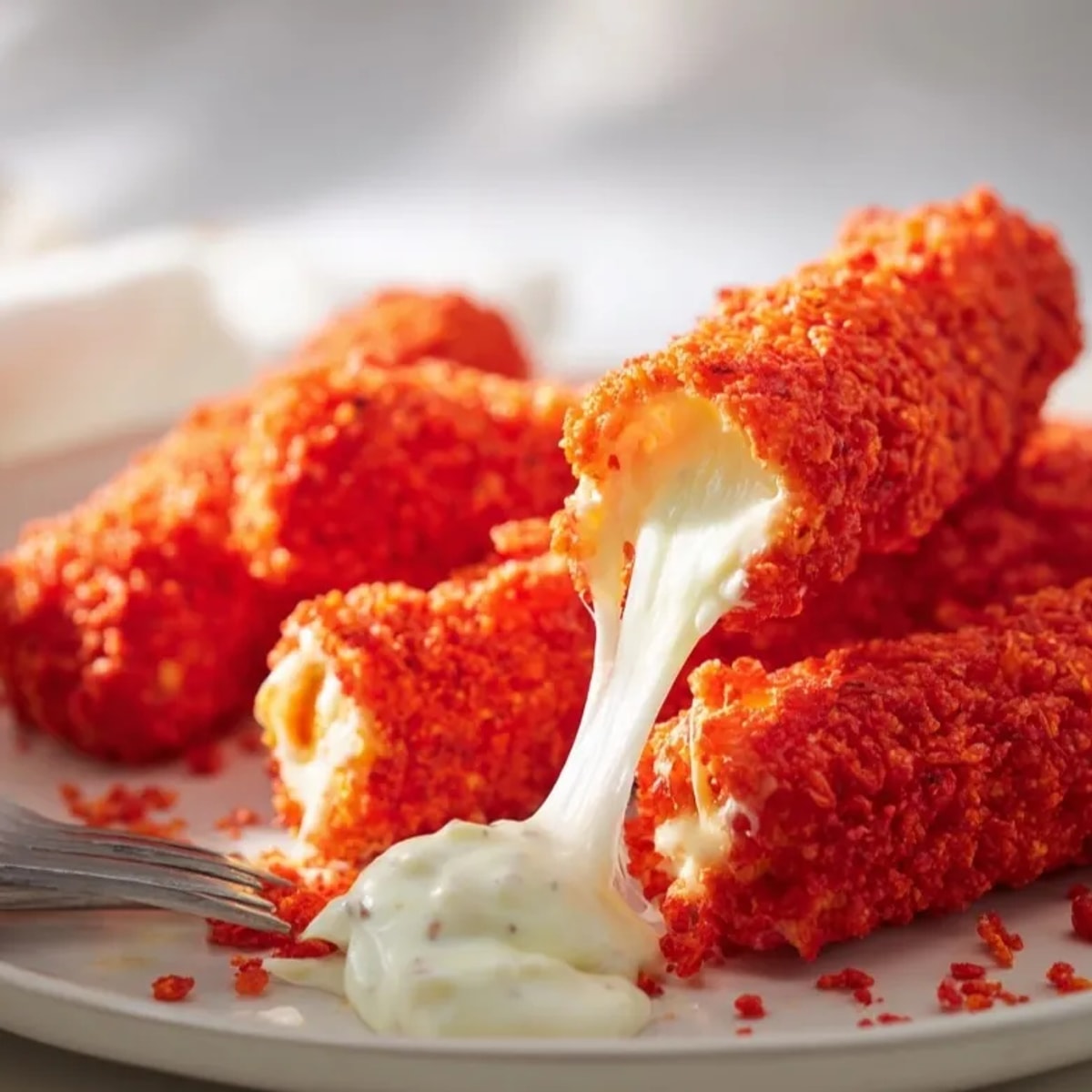 Golden-fried Hot Cheetos Mozzarella Sticks on paper towels, ready for dipping and sharing.