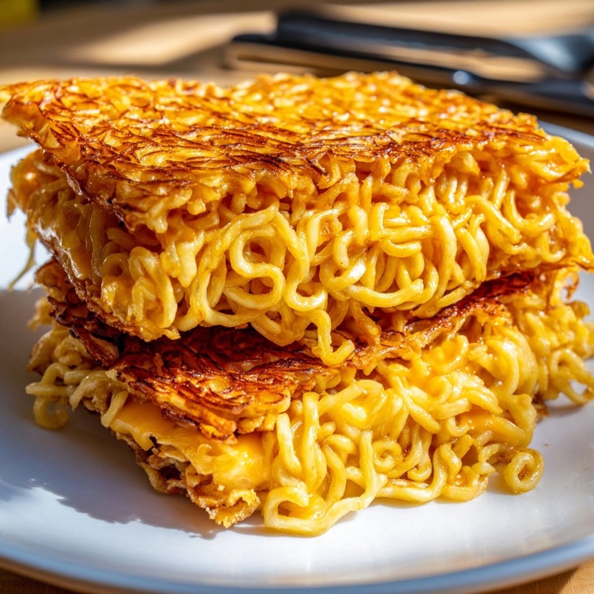 Golden-brown Ramen Grilled Cheese Sandwich sizzles, cheese bubbling, ready to enjoy.