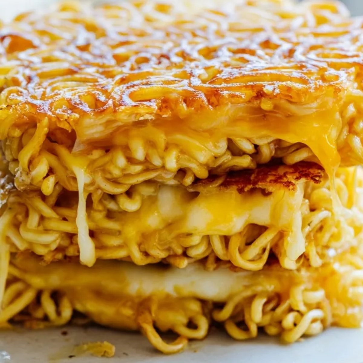 Close-up of crispy Ramen Grilled Cheese Sandwich, oozing with melted cheese, inviting first bite.