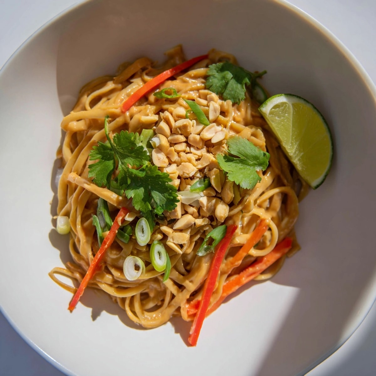 Delicious Creamy Peanut Butter Noodles ready to eat, with lime wedges nearby for serving.
