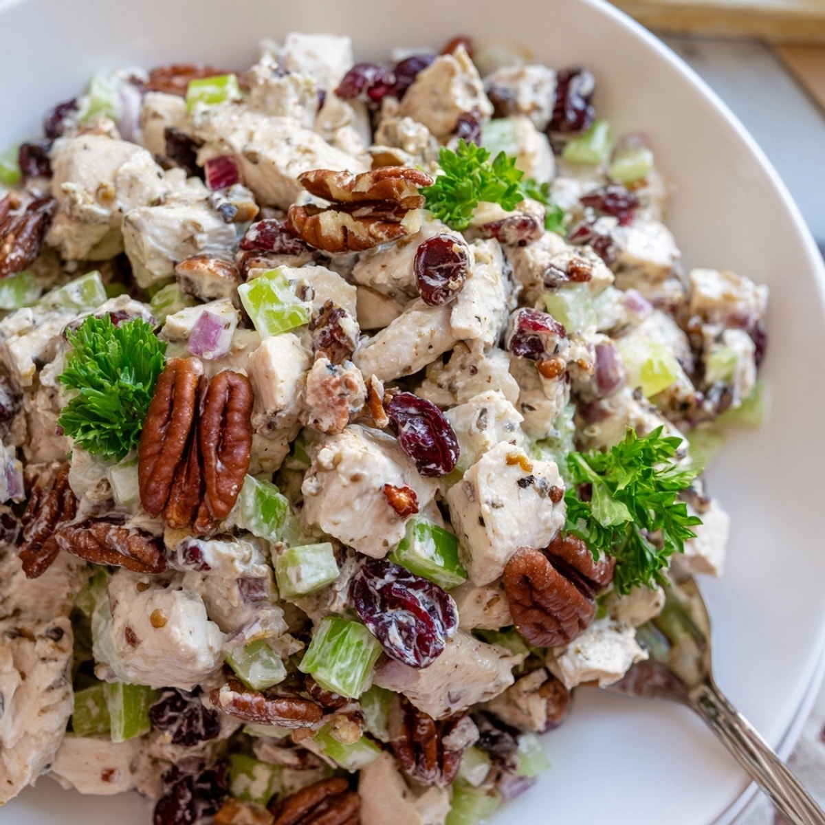 Creamy Cranberry Pecan Chicken Salad bursts with flavor; enjoy chilled on toasted bread.