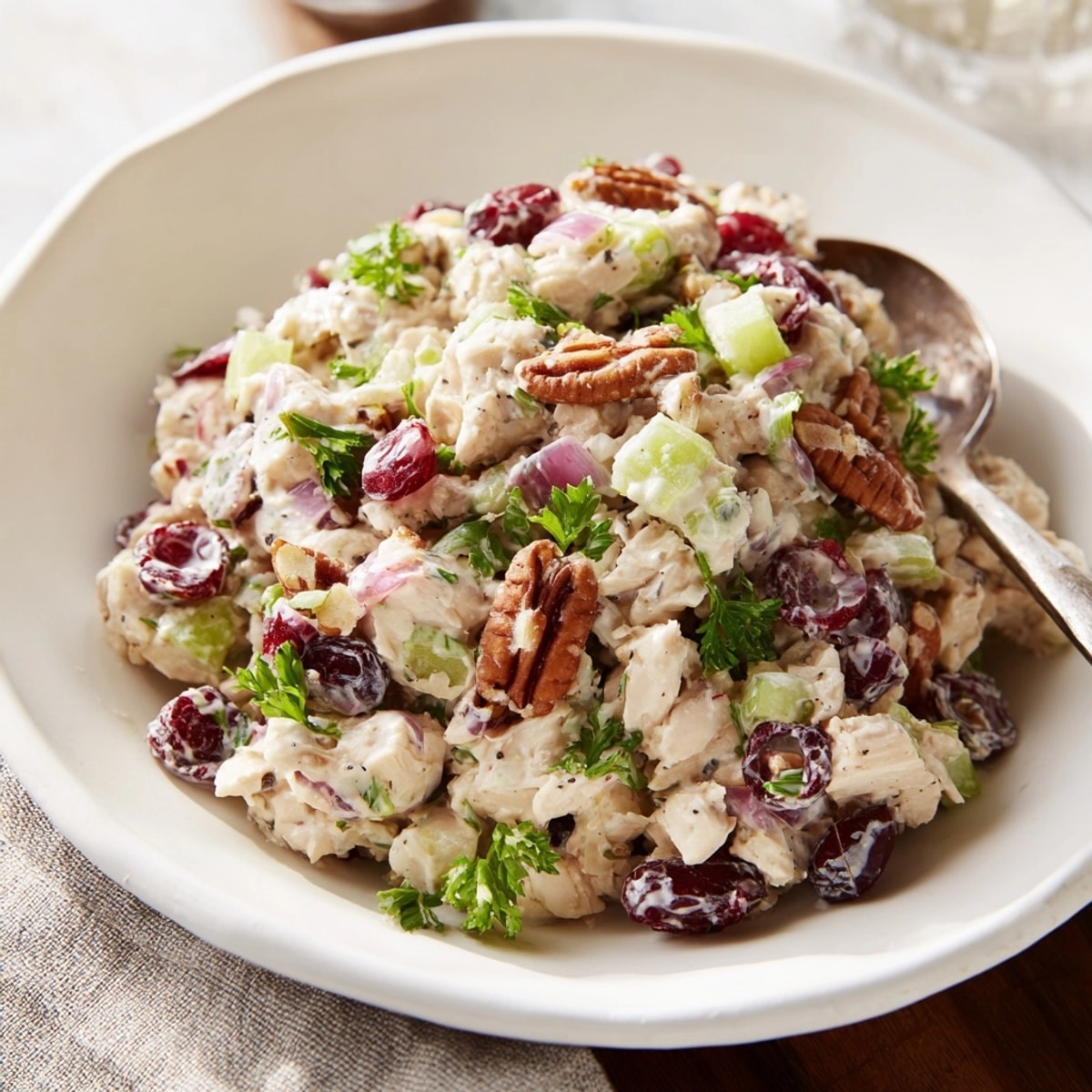Homemade Cranberry Pecan Chicken Salad, ready to be served on a leafy green bed.
