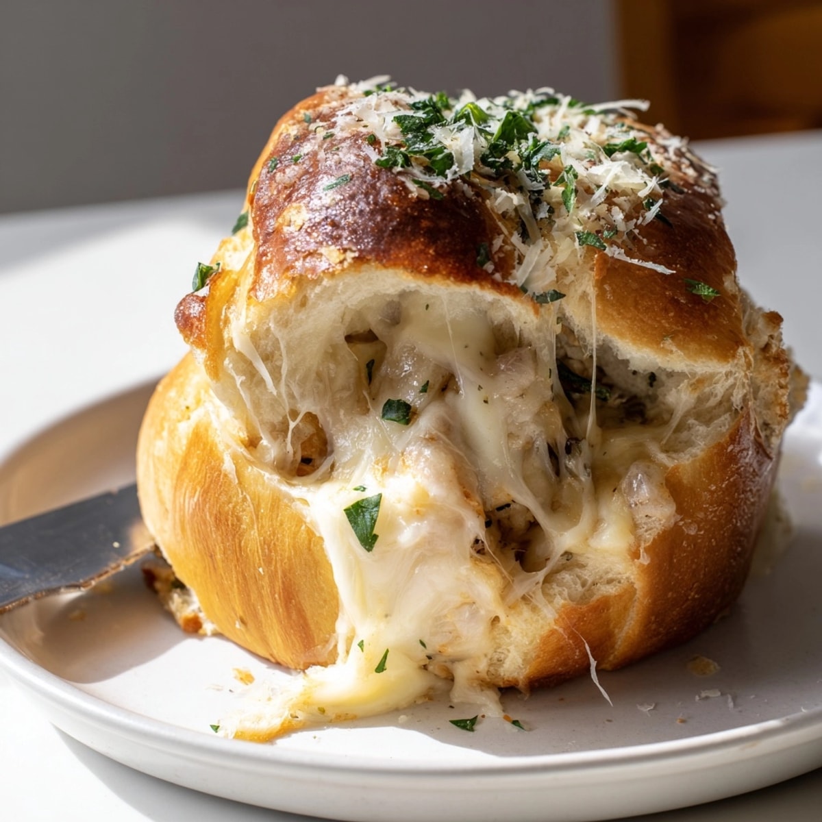 Golden Cheesy Stuffed Dinner Rolls fresh from the oven, fragrant with melted butter.