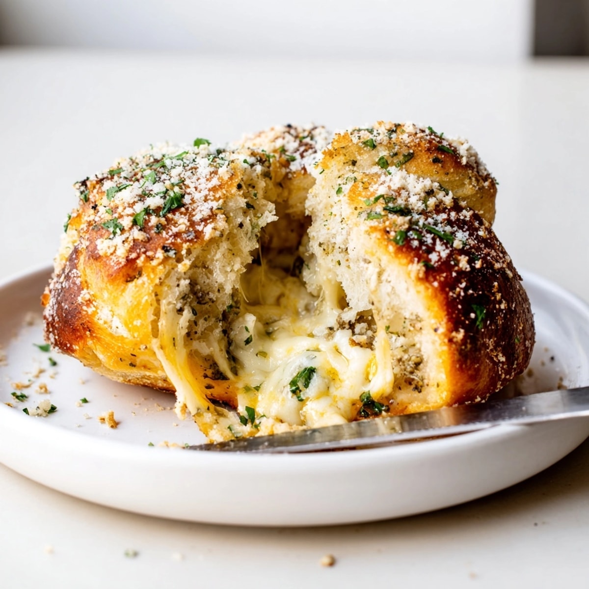 Homemade Cheesy Stuffed Dinner Rolls, a comforting, savory appetizer, garnished with parsley.