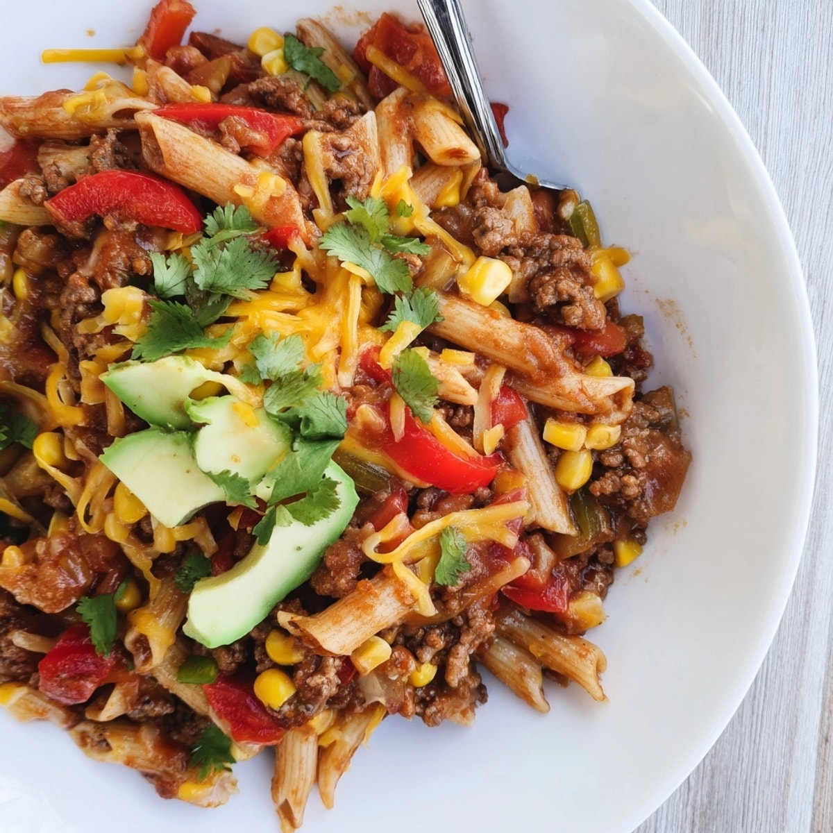 A vibrant bowl of Budget One-Pot Taco Pasta, ready for a quick, delicious dinner.