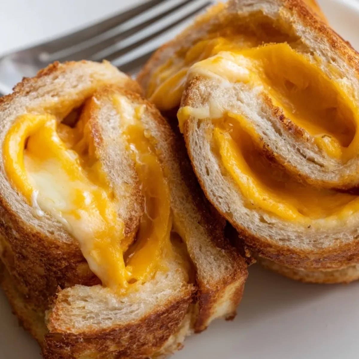 Close-up of warm TikTok Grilled Cheese Roll-Ups, oozing with cheddar and ready to dip.