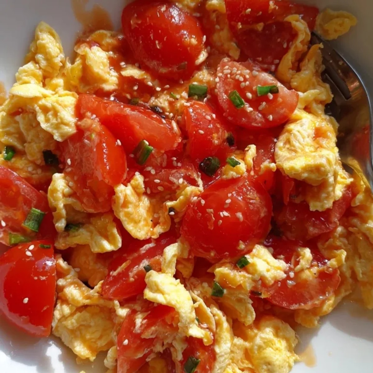 Close-up of steamy, comforting TikTok Tomato Egg Stir Fry in a ceramic bowl.