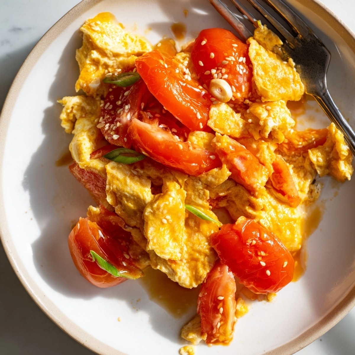 Enjoy a flavorful, easy TikTok Tomato Egg Stir Fry, garnished with fresh scallions.