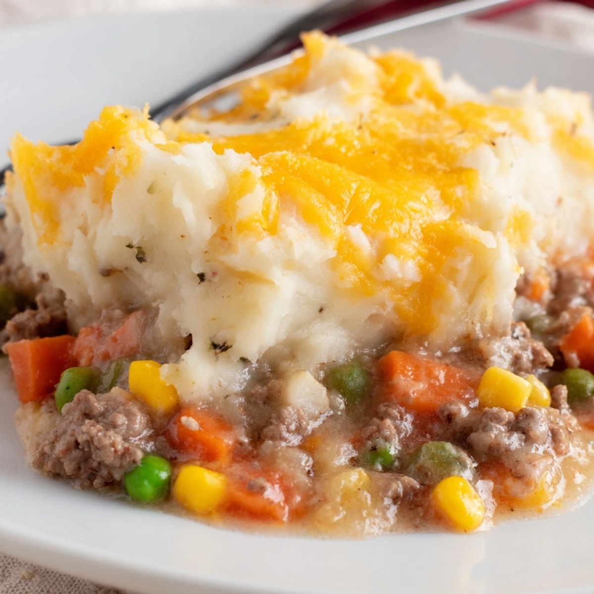 Golden Lazy Shepherd’s Pie with bubbling beef, cheese topping, fresh out of the oven.