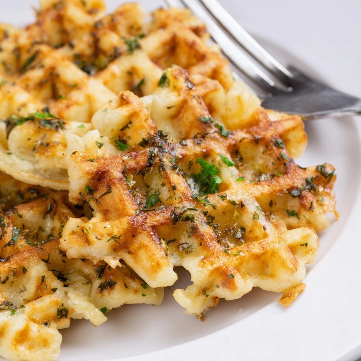 Golden brown Garlic Bread Waffles, fresh off the iron, ready for dipping and enjoying.