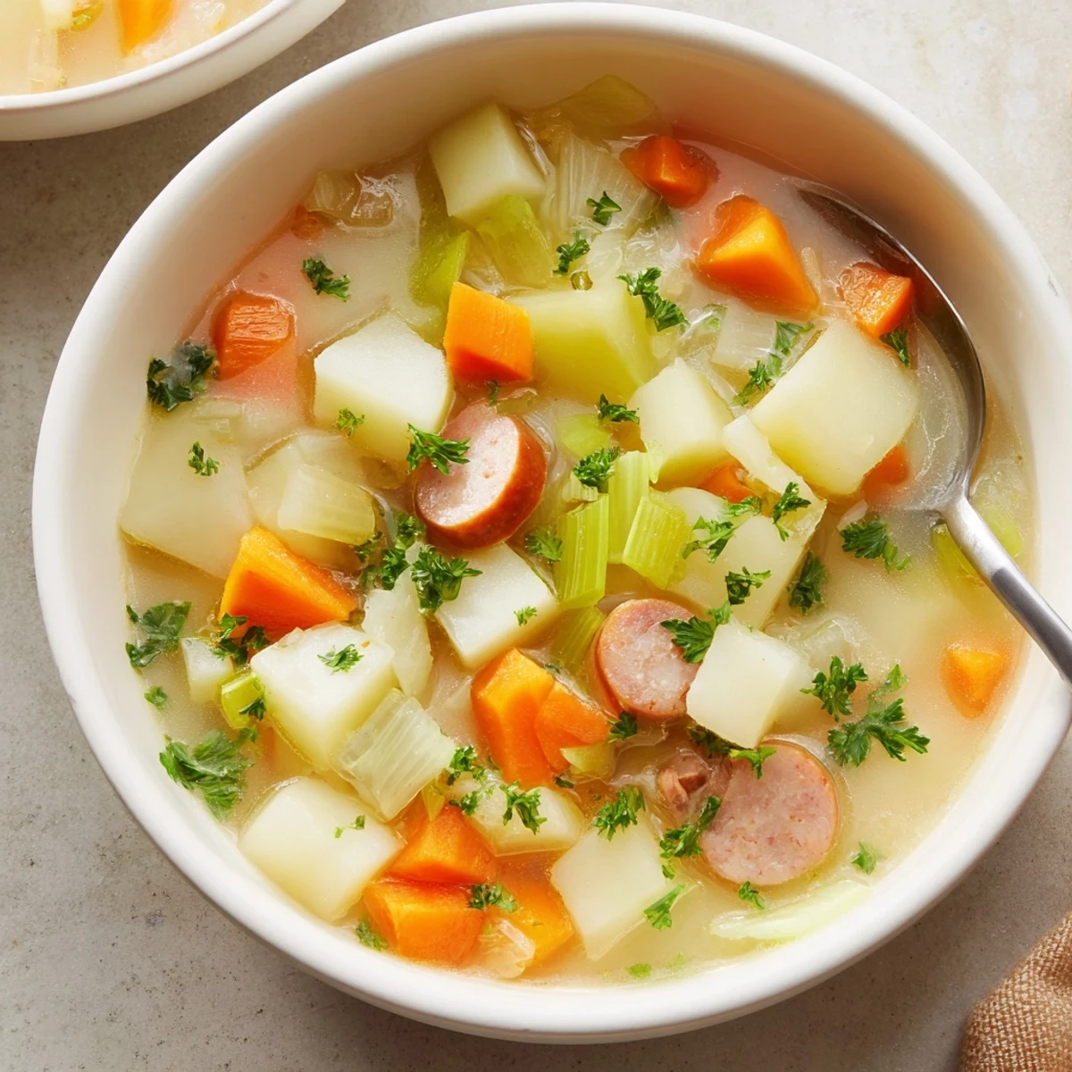 Creamy Easy German Potato Soup garnished with fresh parsley and hearty vegetables.
