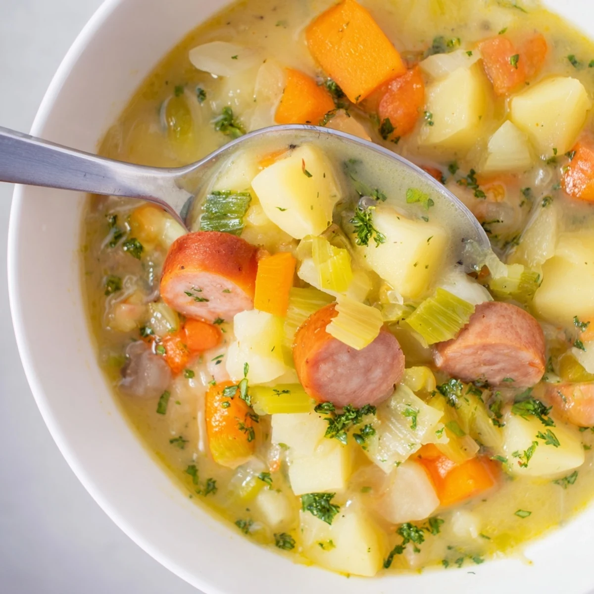 Bowl of Easy German Potato Soup with rustic bread, perfect for chilly evenings.