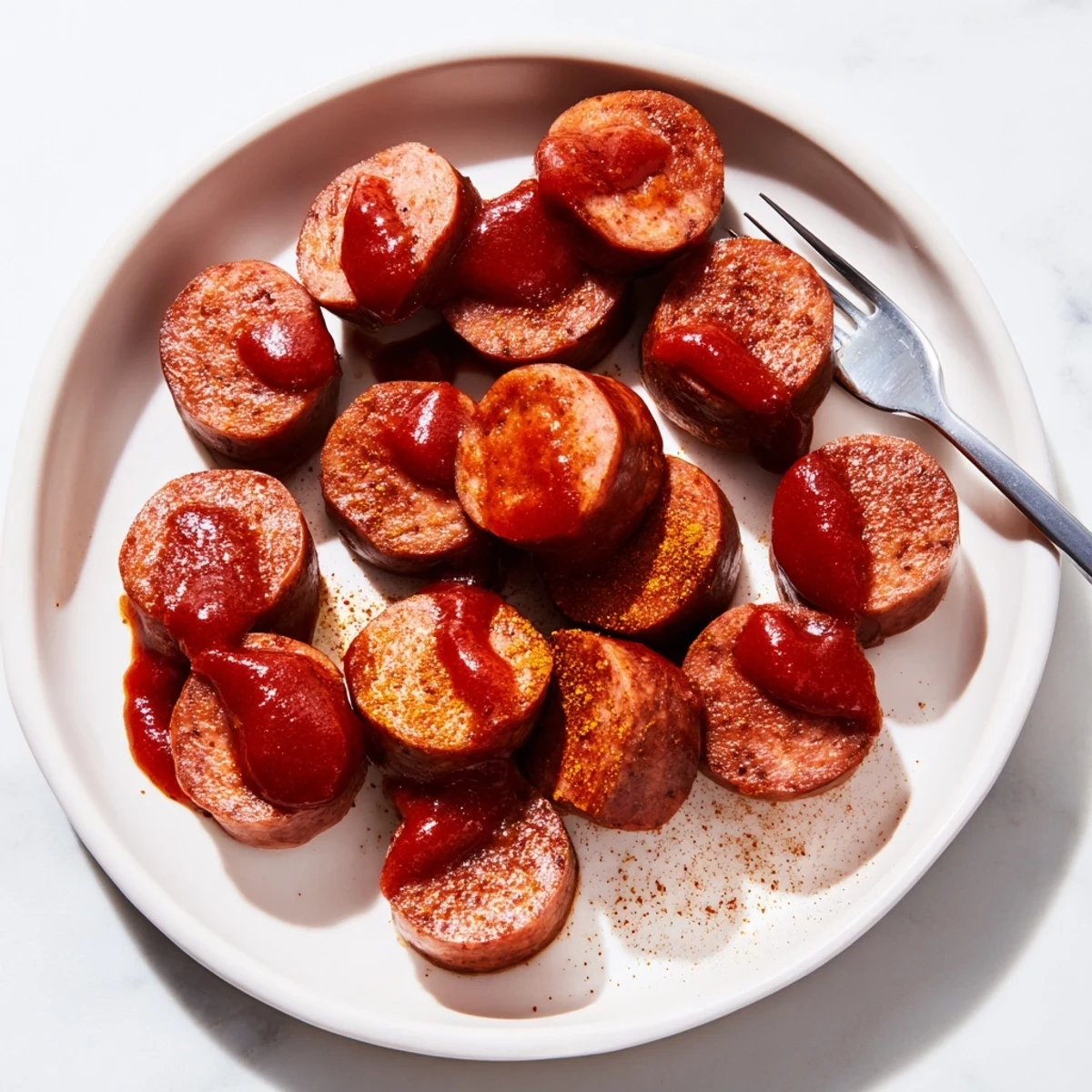 Juicy Quick Currywurst sausages drizzled with rich, spicy curry ketchup sauce.