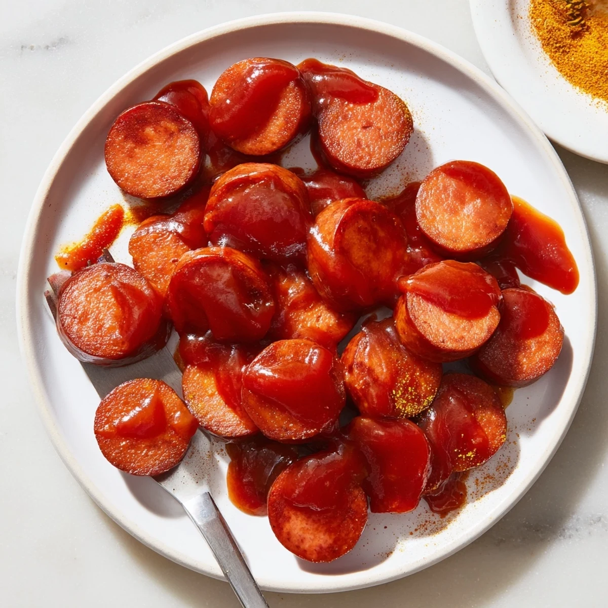 Quick Currywurst served hot, topped with vibrant curry sauce and fresh spices.