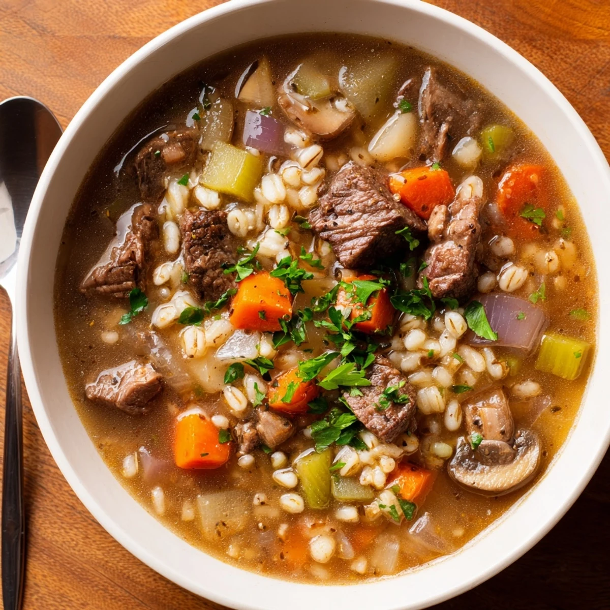 Warm and comforting beef and barley soup, garnished with fresh parsley for color.  