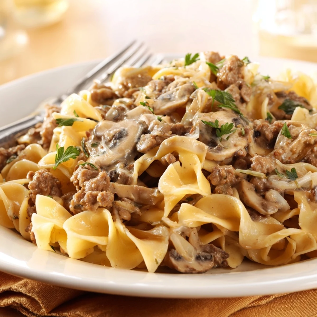 Savory taco seasoned ground beef stroganoff with mushrooms and herbs, ready to enjoy.  