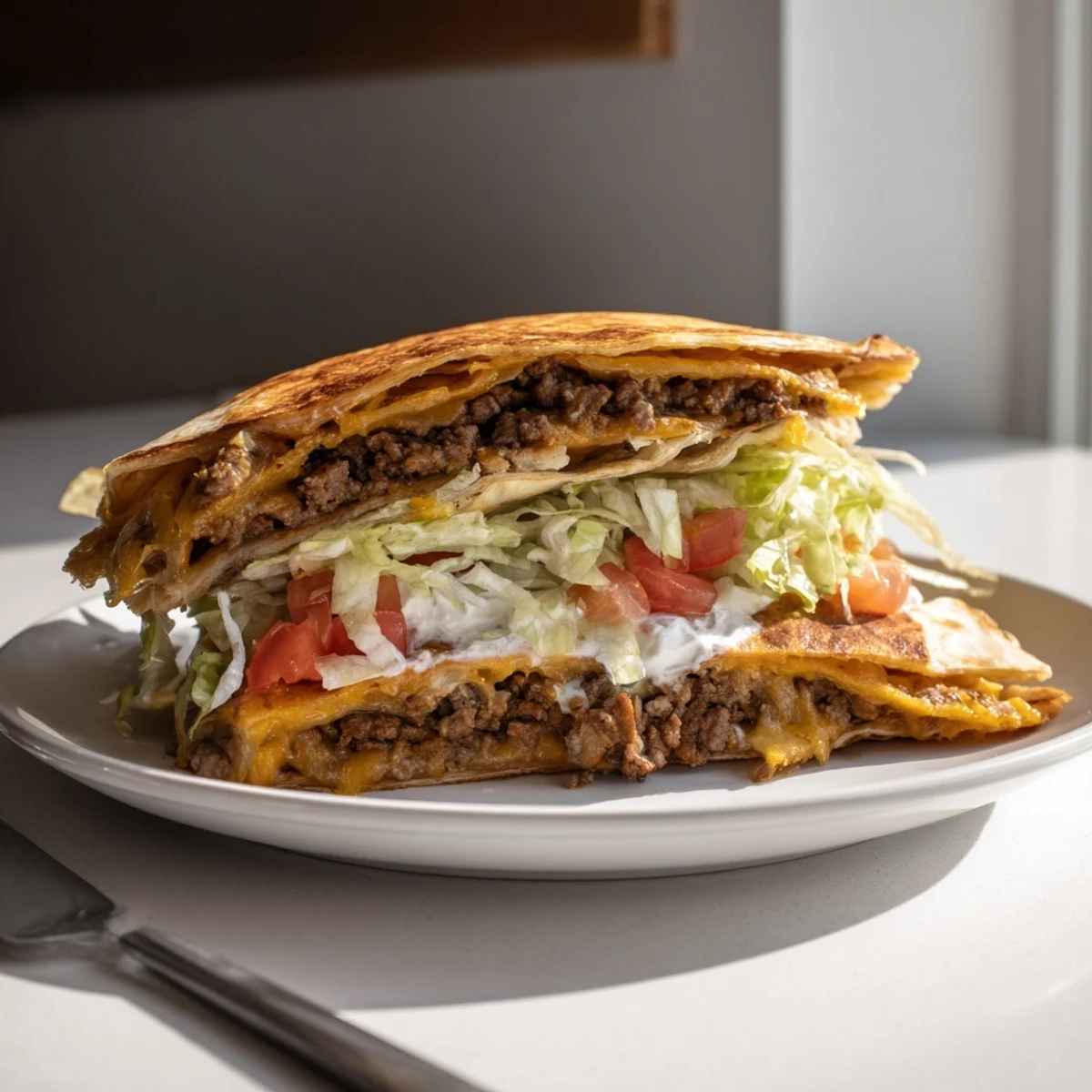 A delicious Taco Bell Crunchwrap Supreme Copycat with melted cheese and fresh toppings.  