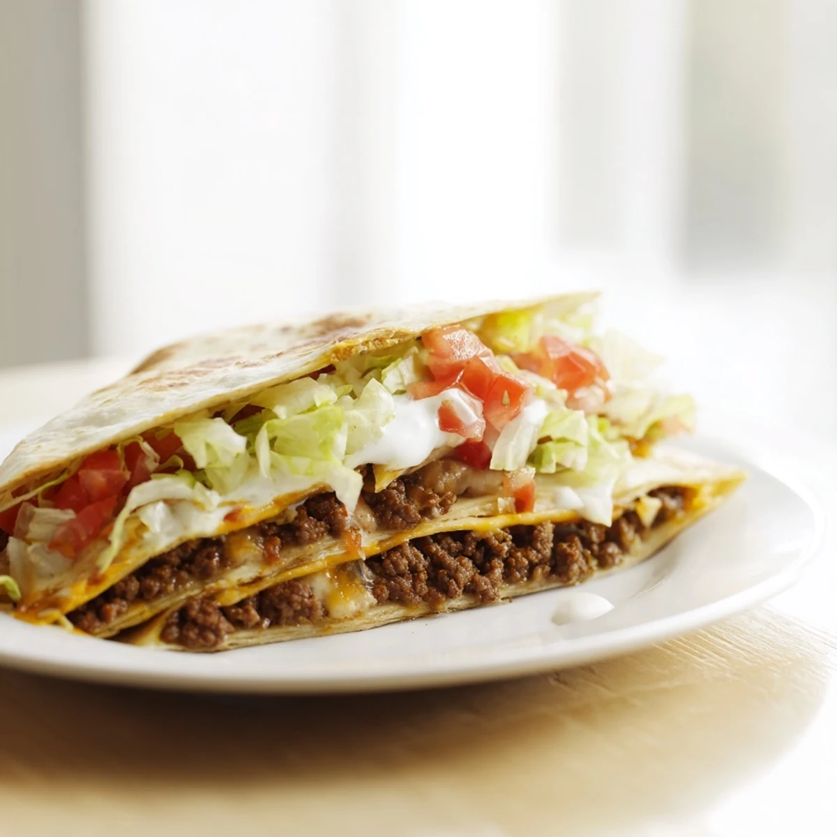 Golden-brown Crunchwrap Supreme Copycat, bursting with seasoned beef and creamy sour cream.  