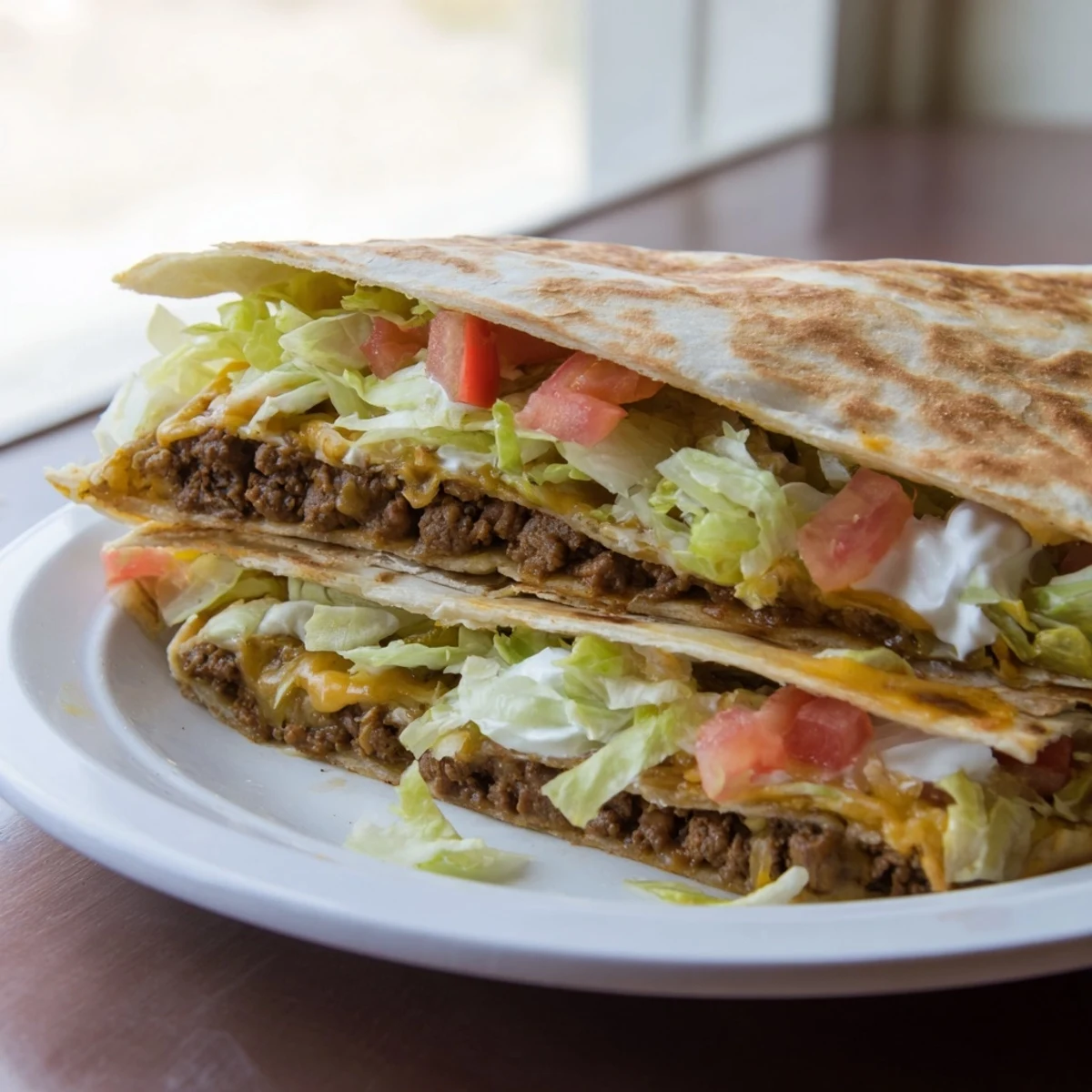 Homemade Crunchwrap Supreme Copycat, layered with lettuce, tomato, and crunchy tostada shell.