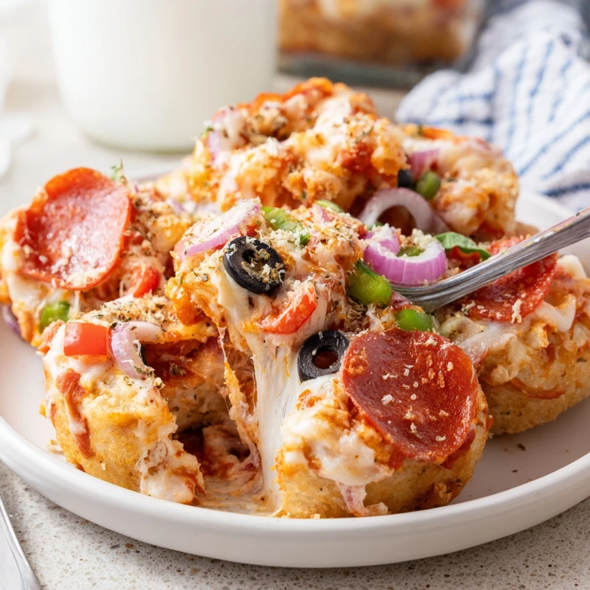 Comforting Pizza Bagel Bites Casserole served with fresh herbs, a family favorite dish.