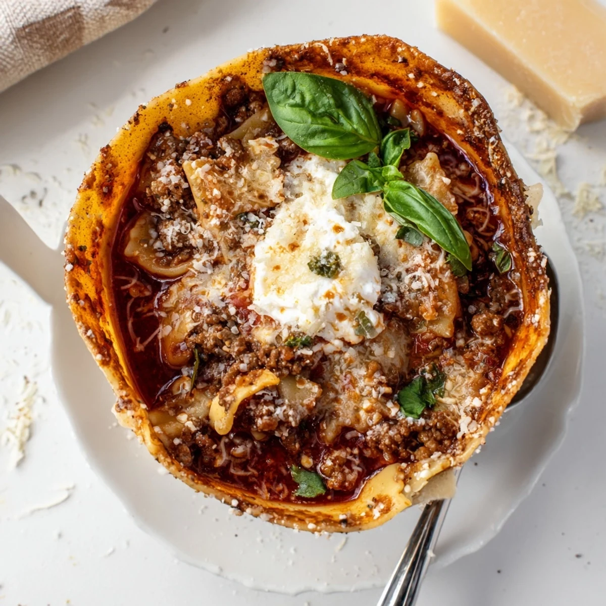Comforting Lasagne Soup in edible pizza crust bowls, perfect for family dinners any night.  